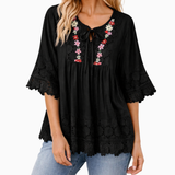 Load image into Gallery viewer, Boho Lace-Trim Linen-Cotton Blouse