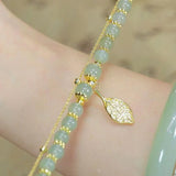 Load image into Gallery viewer, Women’s Green Jade Bracelet – Double Chain Gold Leaf Bangle, Elegant Chinese Style Jewelry Gift